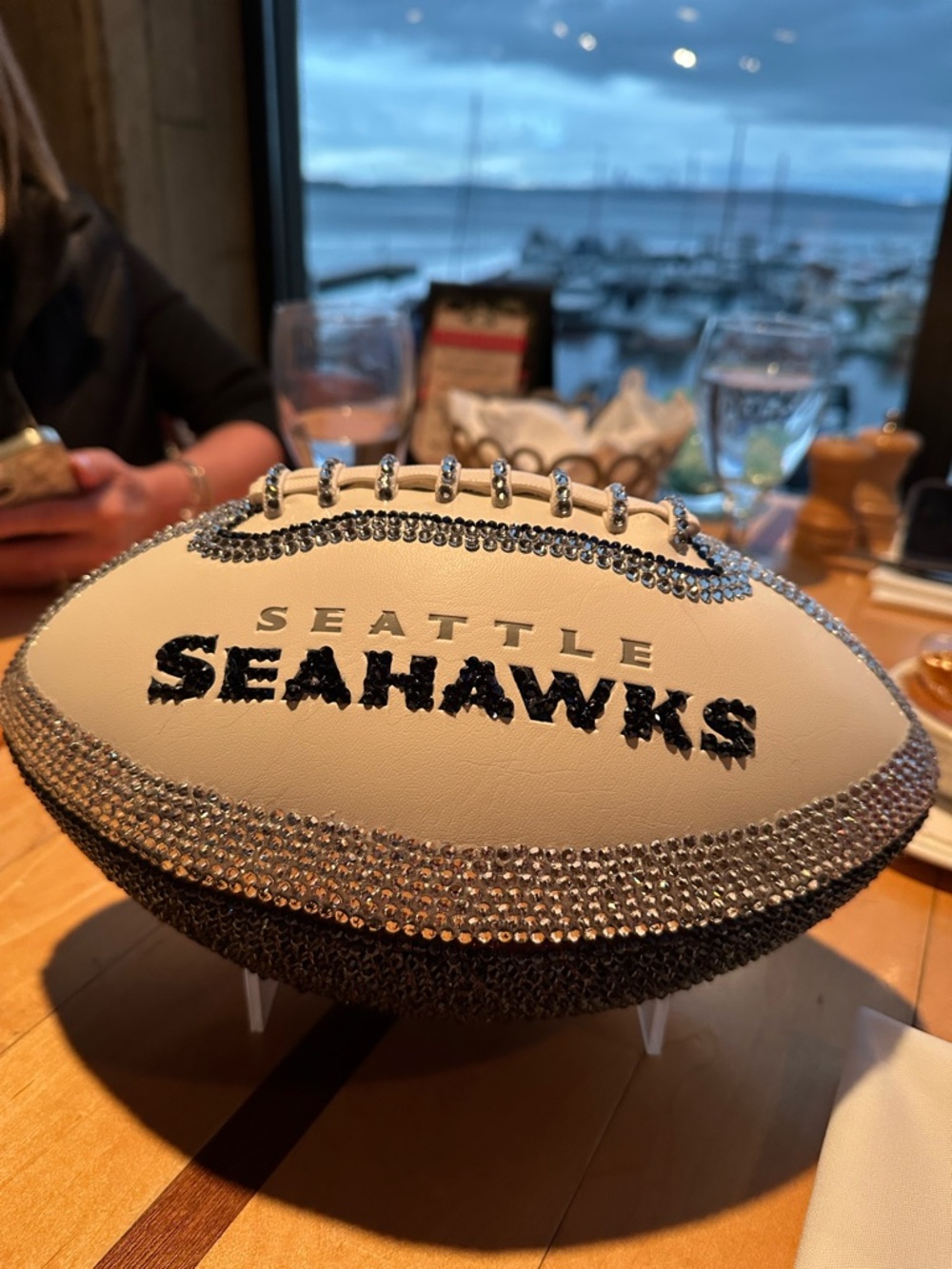 Seahawks Rhinestone Football - Silver, White, and dark Blue.